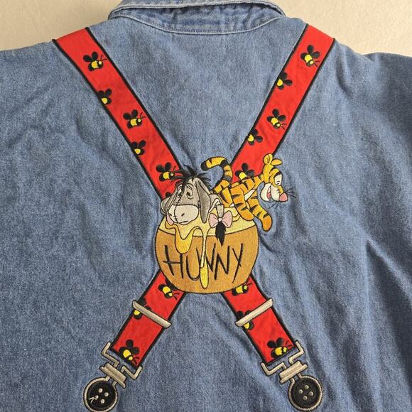 Disney Winnie The Pooh & Friends Suspender Embroidered Denim Button Up Shirt L - Picture 2 of 10